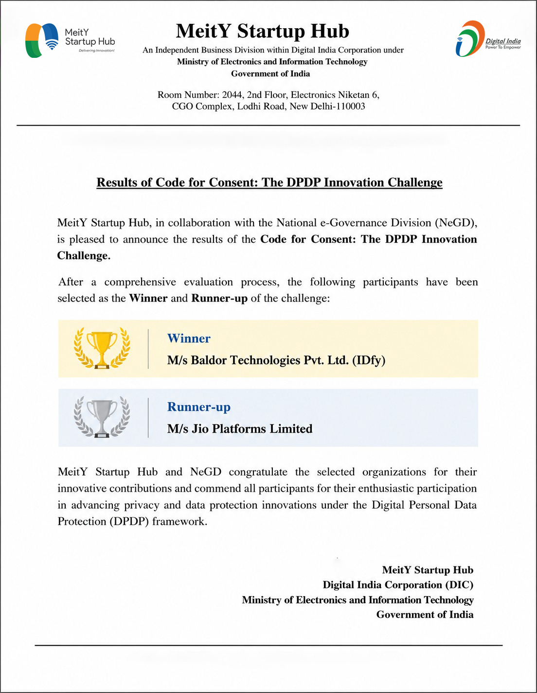 MeitY DPDP Innovation Challenge Results PDF Screenshot